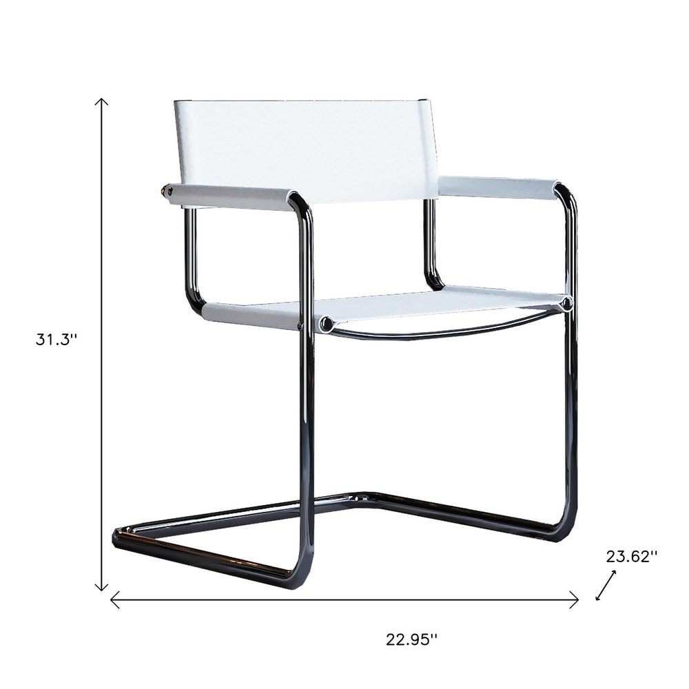 23" Silver And White Leather and Stainless Steel Arm Chair