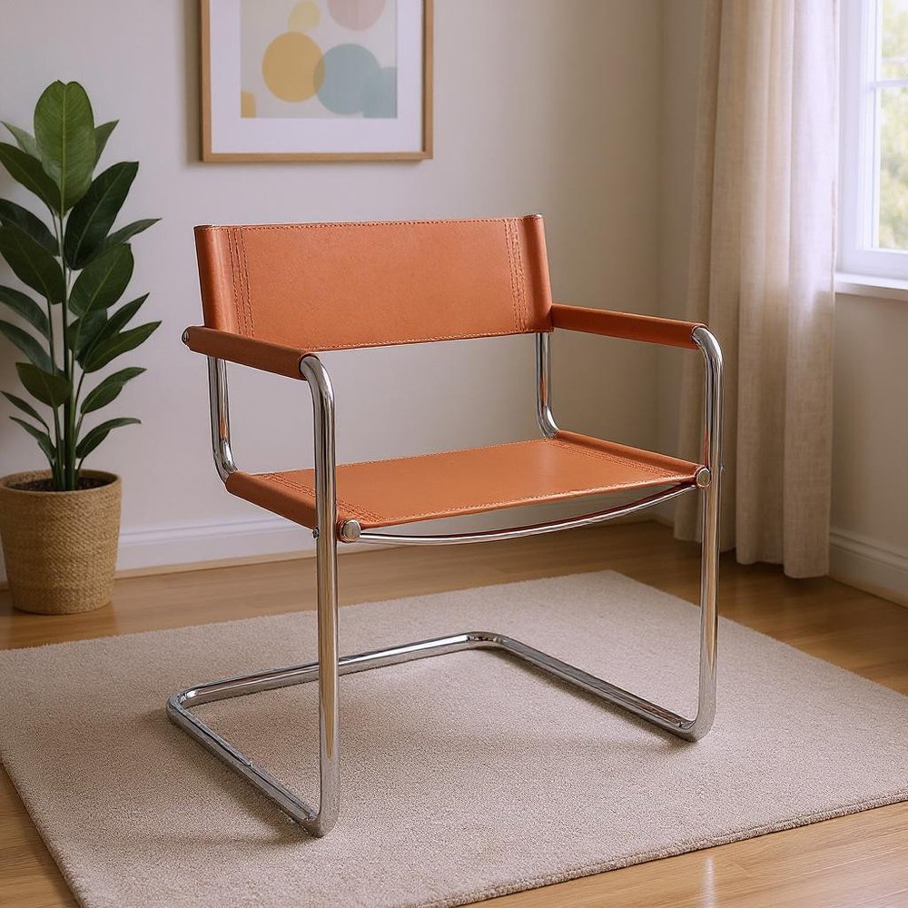 23" Silver And Terra Cotta Leather and Stainless Steel Arm Chair