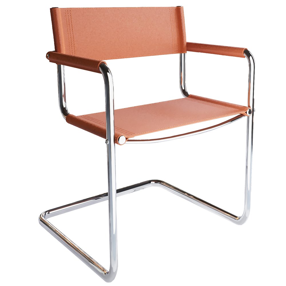 23" Silver And Terra Cotta Leather and Stainless Steel Arm Chair