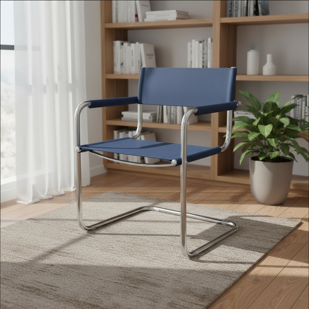 23" Navy Blue and Silver Leather and Stainless Steel Arm Chair