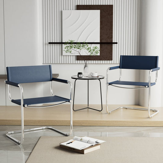 23" Navy Blue and Silver Leather and Stainless Steel Arm Chair