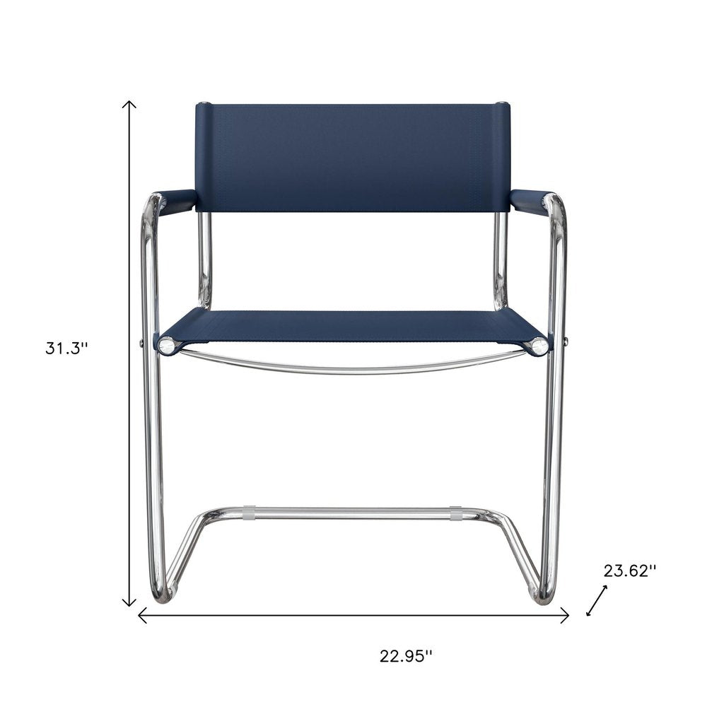 23" Navy Blue and Silver Leather and Stainless Steel Arm Chair
