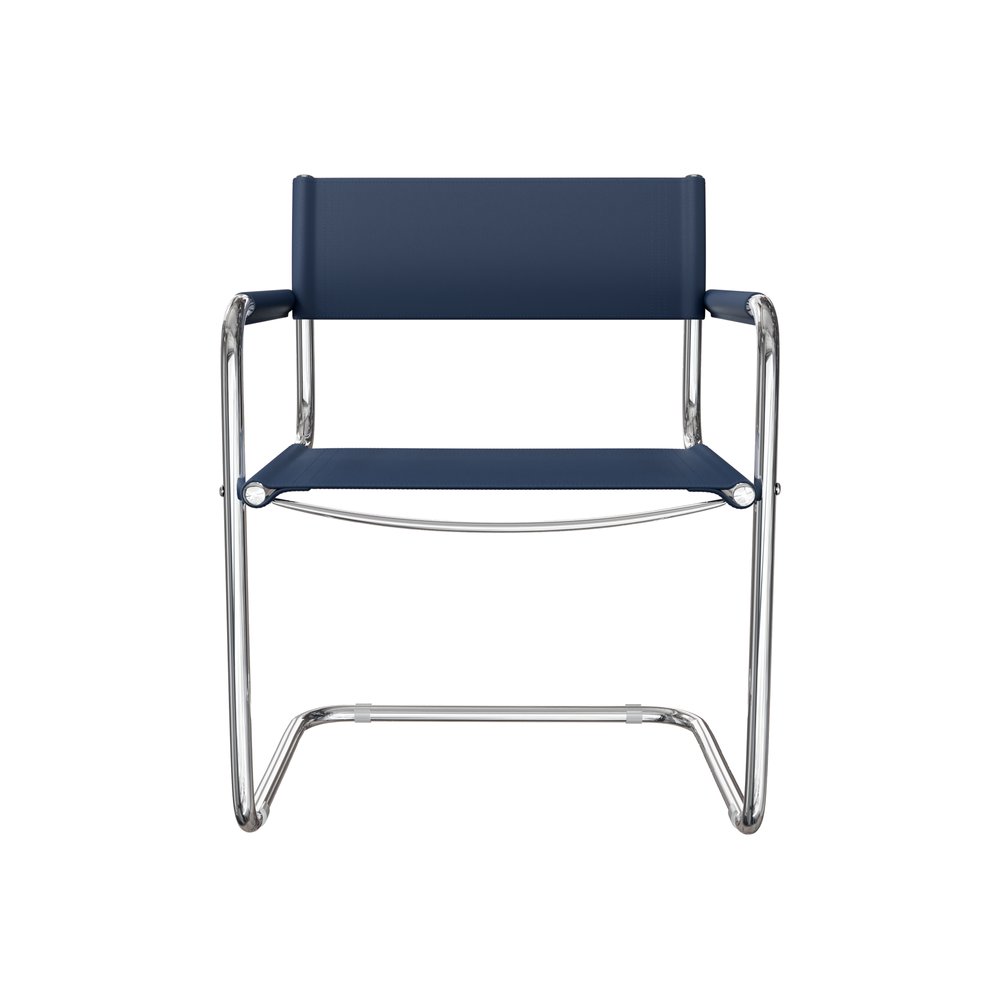 23" Navy Blue and Silver Leather and Stainless Steel Arm Chair