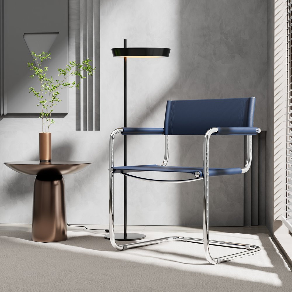 23" Navy Blue and Silver Leather and Stainless Steel Arm Chair