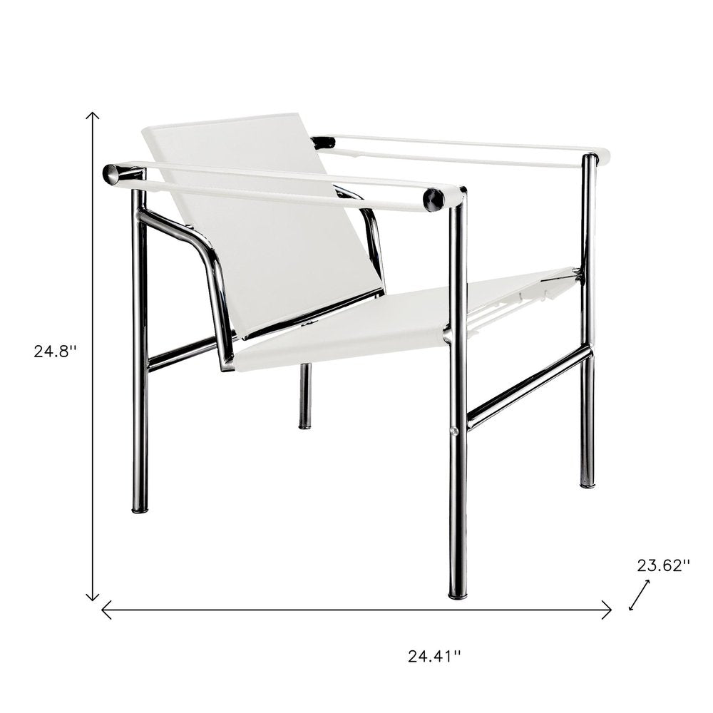 24" White and Silver Faux Leather and Stainless Adjustable Back Arm Chair