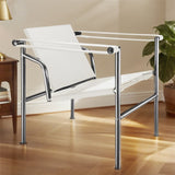 24" White and Silver Faux Leather and Stainless Adjustable Back Arm Chair