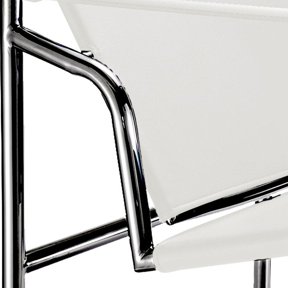 24" White and Silver Faux Leather and Stainless Adjustable Back Arm Chair