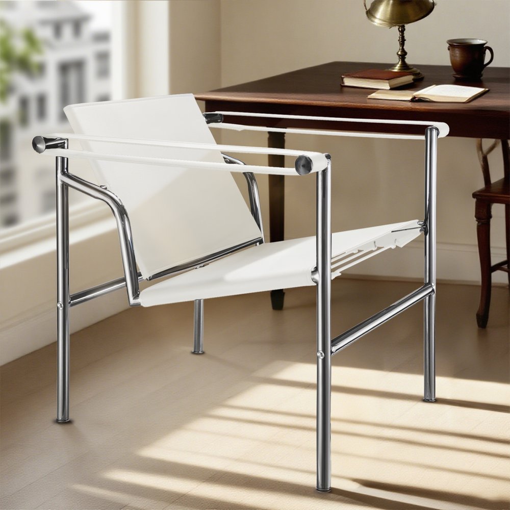 24" White and Silver Faux Leather and Stainless Adjustable Back Arm Chair