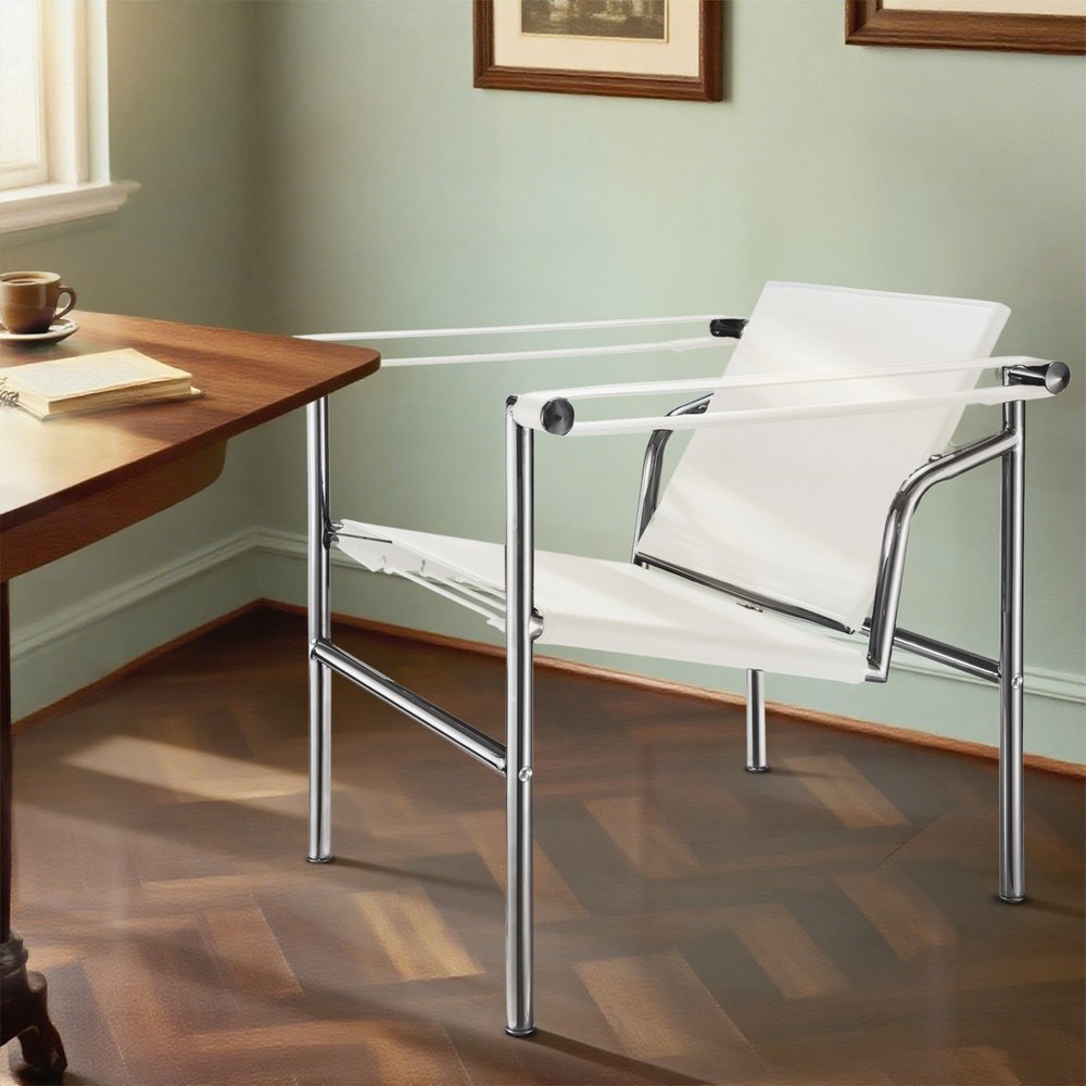 24" White and Silver Faux Leather and Stainless Adjustable Back Arm Chair