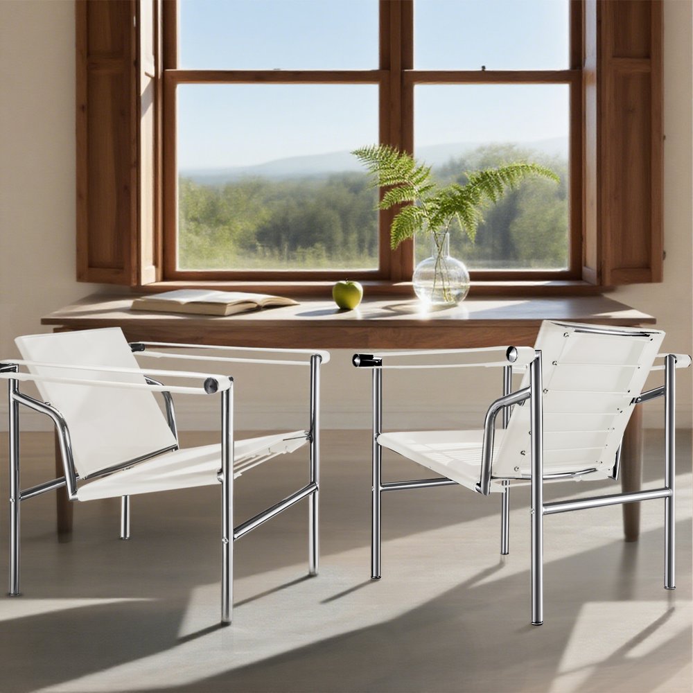 24" White and Silver Faux Leather and Stainless Adjustable Back Arm Chair