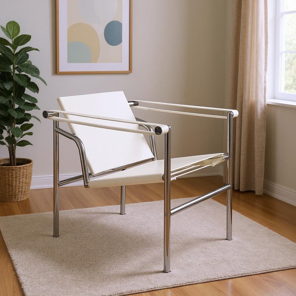 24" White and Silver Faux Leather and Stainless Adjustable Back Arm Chair