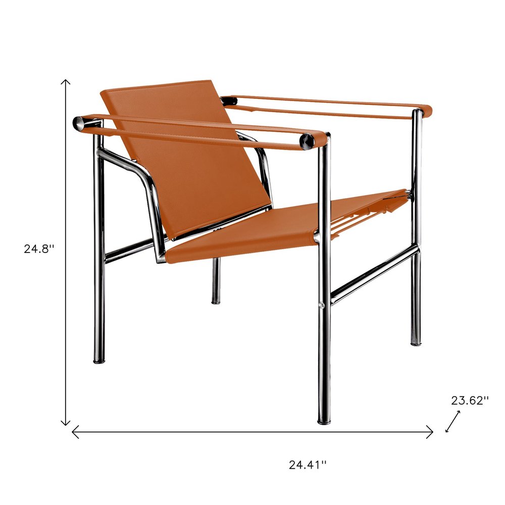 24" Terra Cotta and Silver Faux Leather and Stainless Adjustable Back Arm Chair