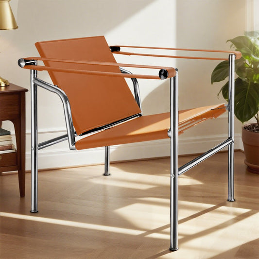 24" Terra Cotta and Silver Faux Leather and Stainless Adjustable Back Arm Chair