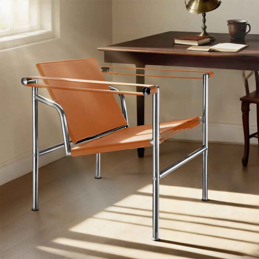 24" Terra Cotta and Silver Faux Leather and Stainless Adjustable Back Arm Chair