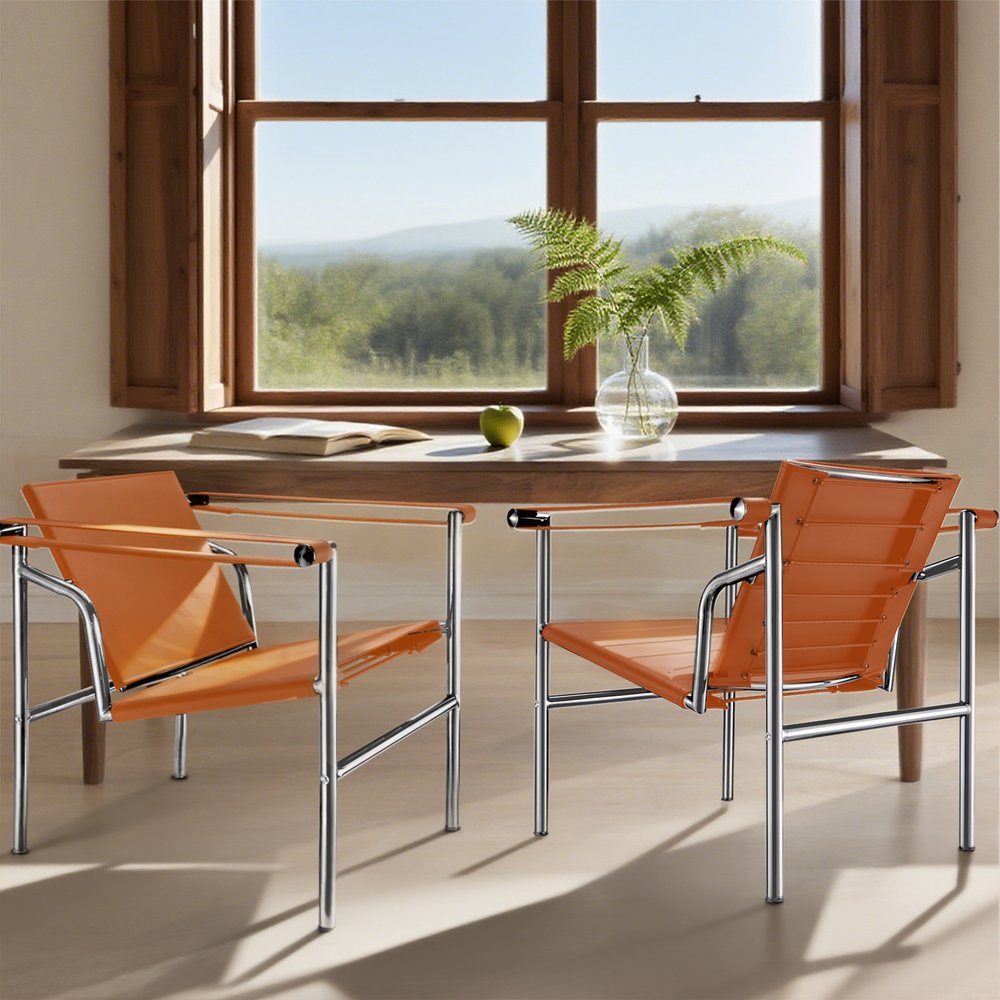 24" Terra Cotta and Silver Faux Leather and Stainless Adjustable Back Arm Chair