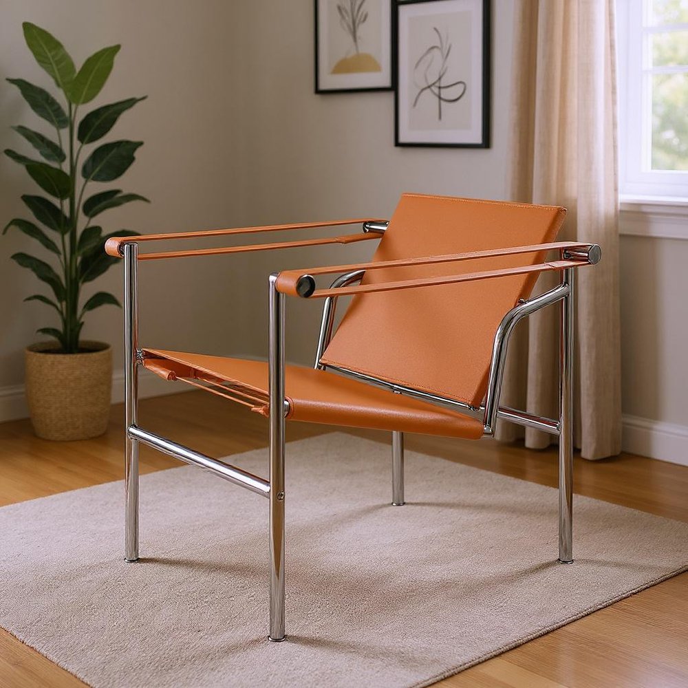 24" Terra Cotta and Silver Faux Leather and Stainless Adjustable Back Arm Chair