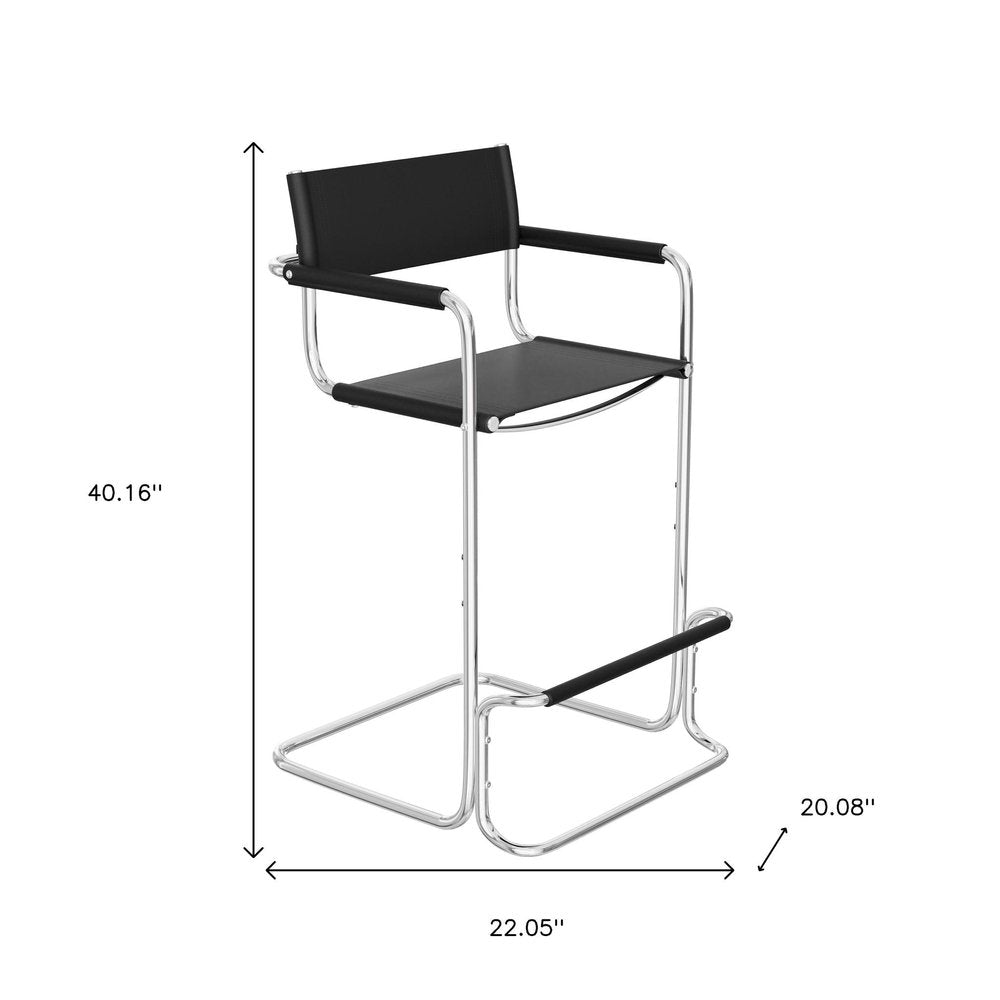 30" Black And Silver Leather And Leather Match And Steel Low Back Bar Height Bar Chair