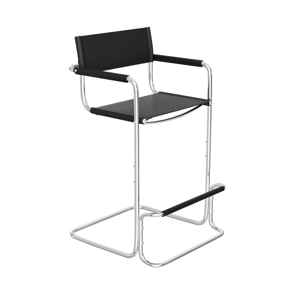 30" Black and Silver Leather and Steel Bar Height Bar Chair