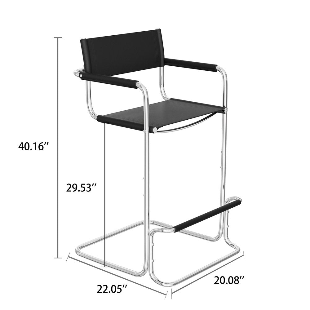 30" Black and Silver Leather and Steel Bar Height Bar Chair
