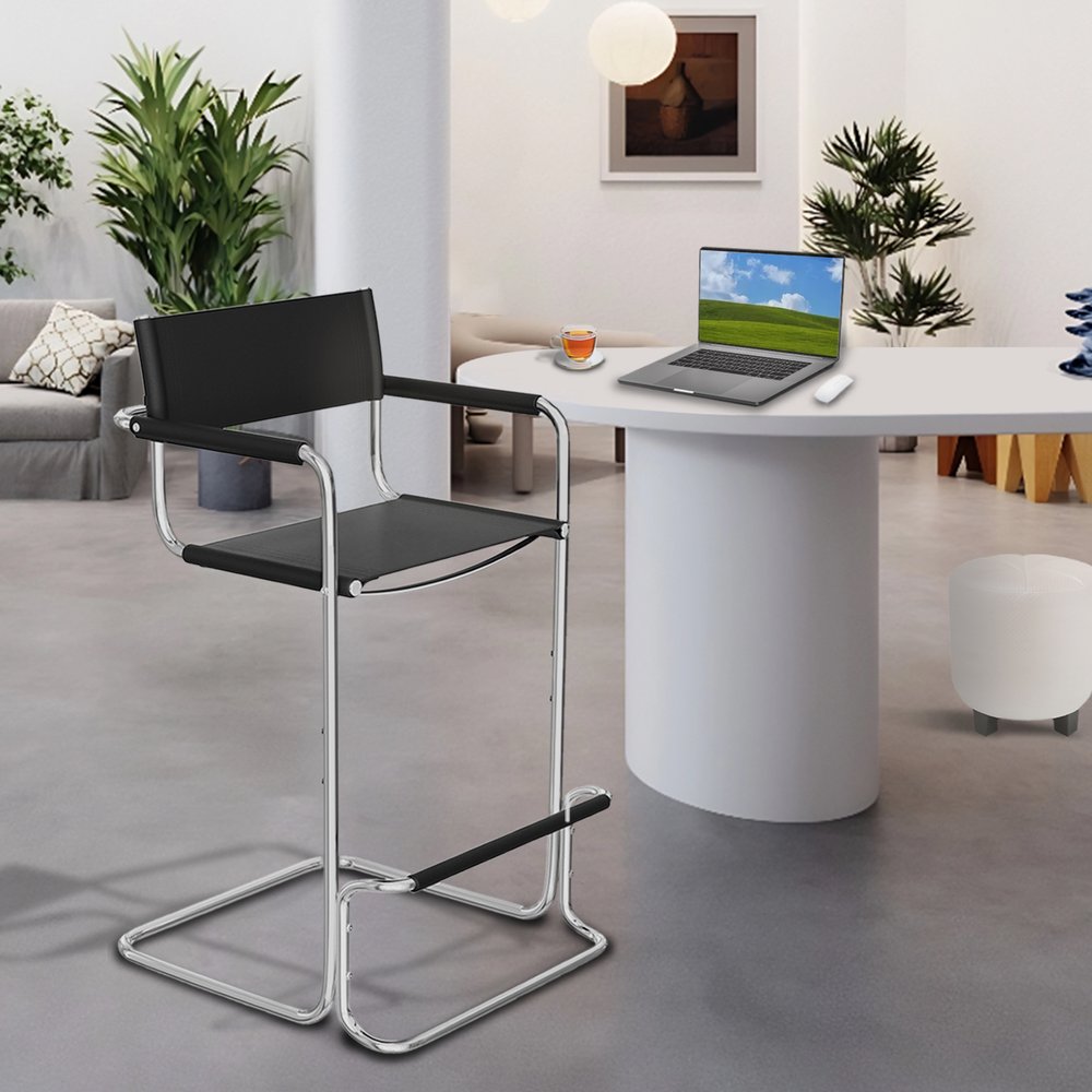 30" Black and Silver Leather and Steel Bar Height Bar Chair