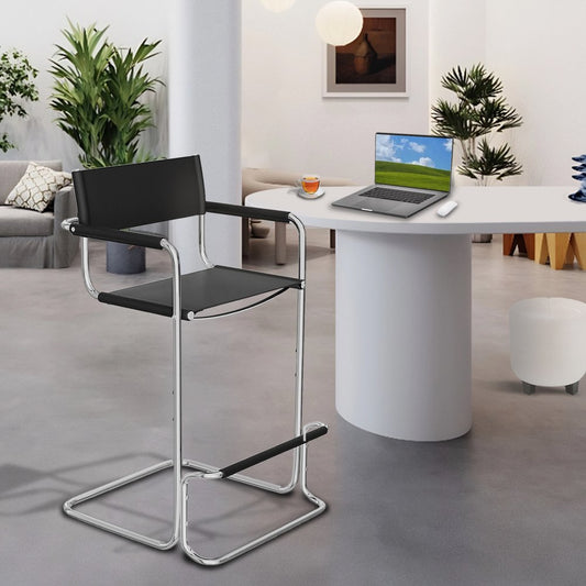 30" Black and Silver Leather and Steel Bar Height Bar Chair