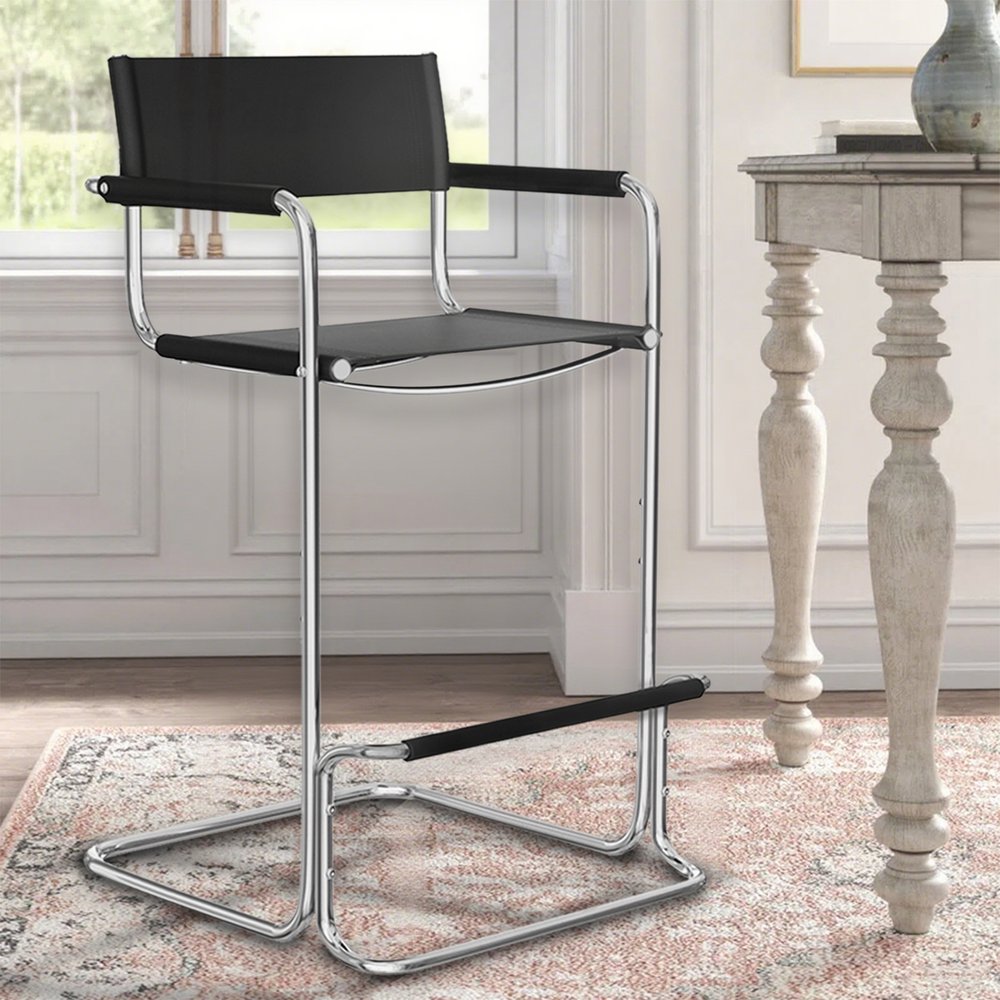 30" Black and Silver Leather and Steel Bar Height Bar Chair