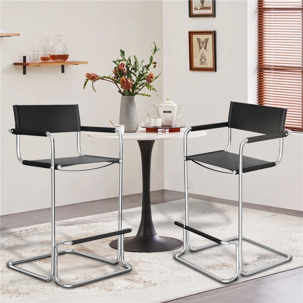 30" Black and Silver Leather and Steel Bar Height Bar Chair