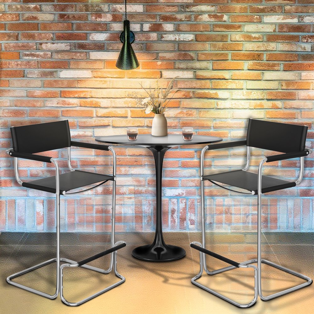 30" Black and Silver Leather and Steel Bar Height Bar Chair