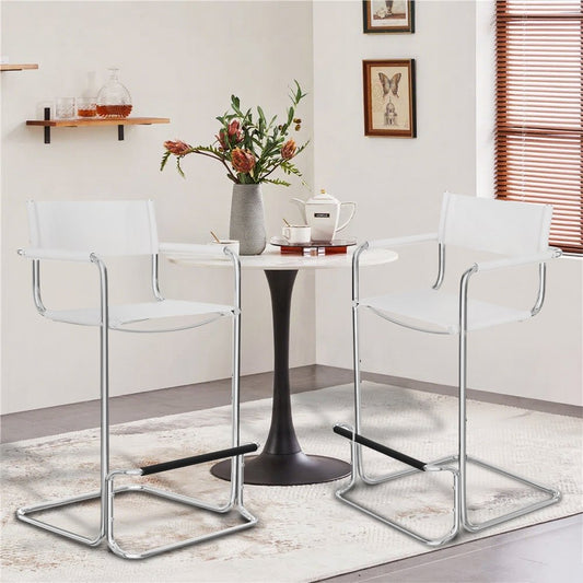 30" White and Silver Leather and Steel Bar Height Bar Chair