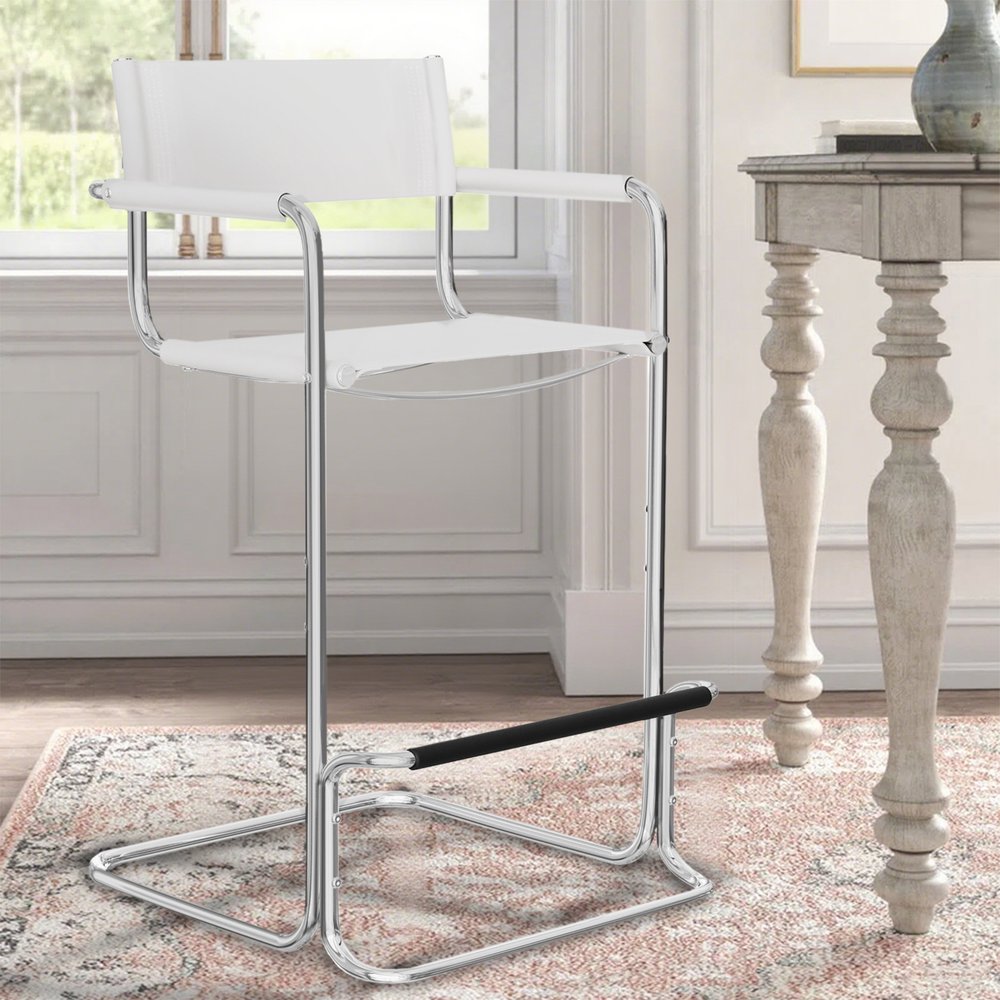 30" White and Silver Leather and Steel Bar Height Bar Chair