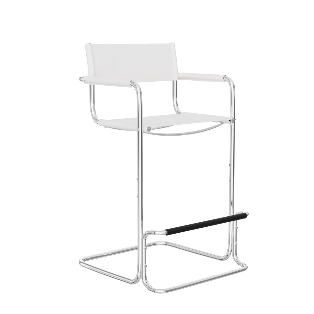 30" White and Silver Leather and Steel Bar Height Bar Chair