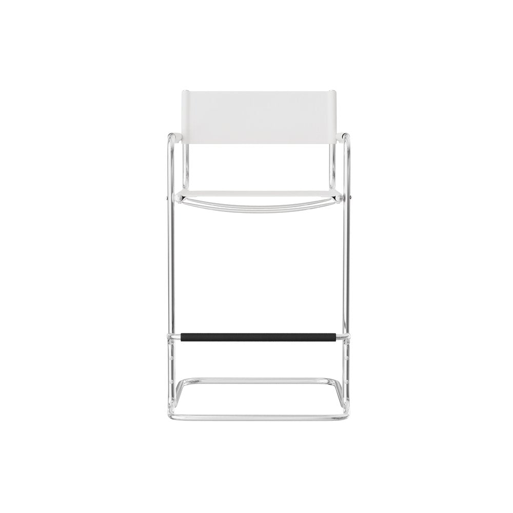 30" White and Silver Leather and Steel Bar Height Bar Chair