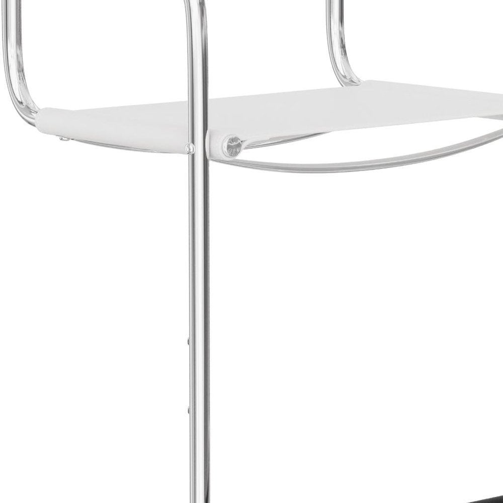 30" White and Silver Leather and Steel Bar Height Bar Chair