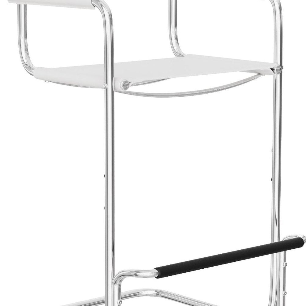 30" White and Silver Leather and Steel Bar Height Bar Chair