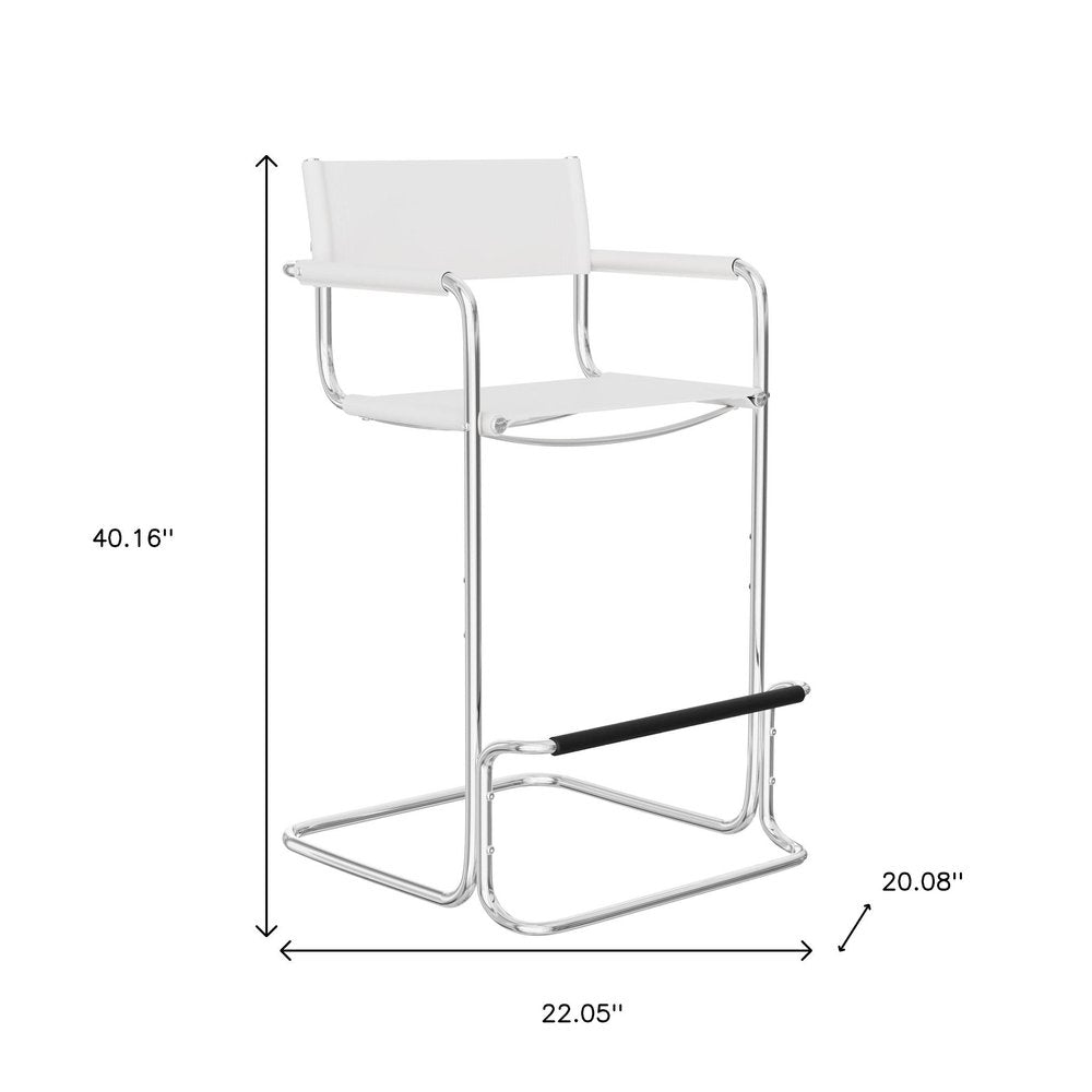 30" White and Silver Leather and Steel Bar Height Bar Chair