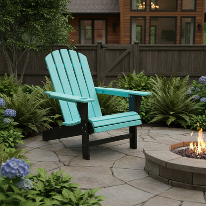 Set of Two Blue And Black Heavy Duty Plastic Outdoor Adirondack Chairs