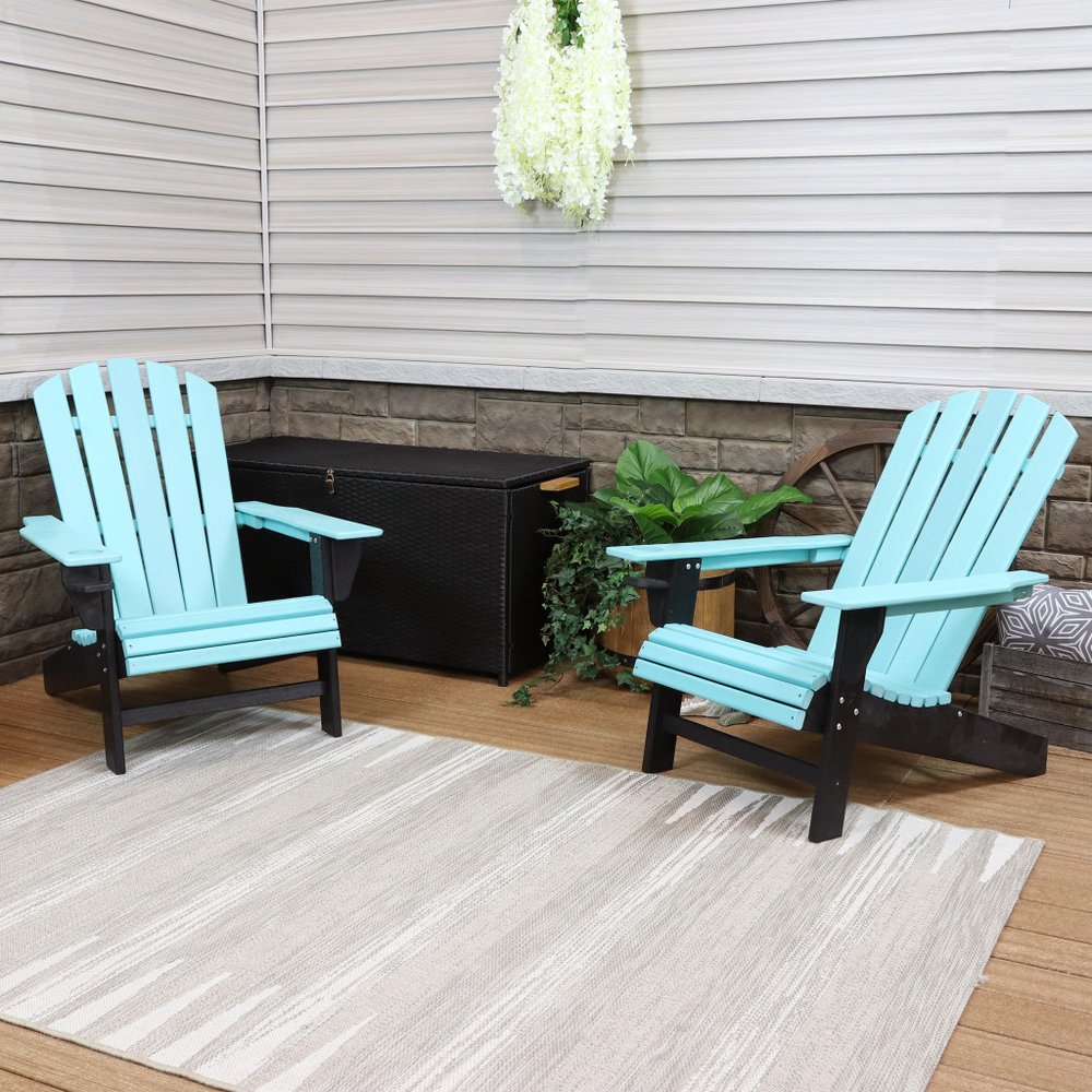 Set of Two Blue And Black Heavy Duty Plastic Outdoor Adirondack Chairs