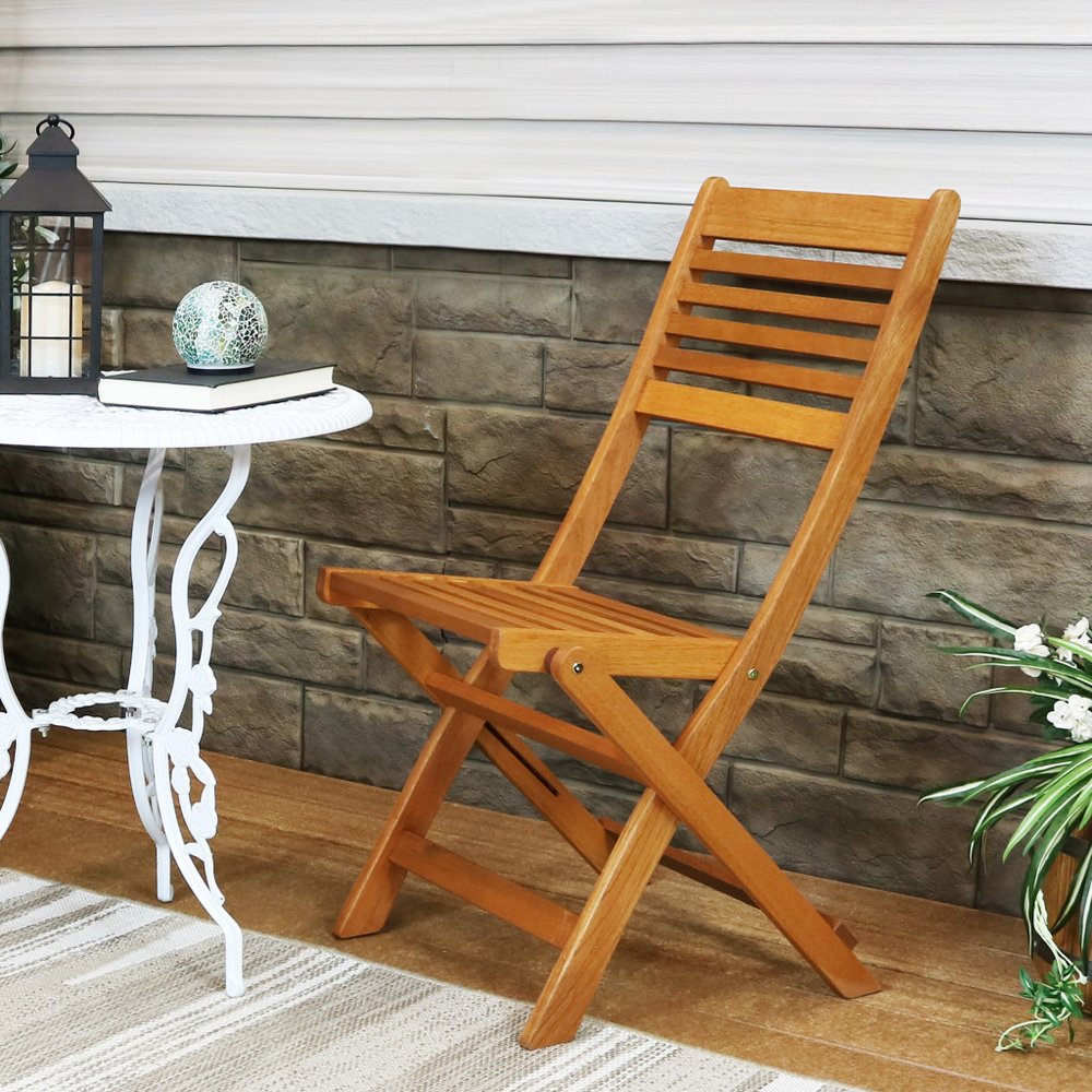 Set of Two Brown Solid Wood Outdoor Folding Accent Chairs