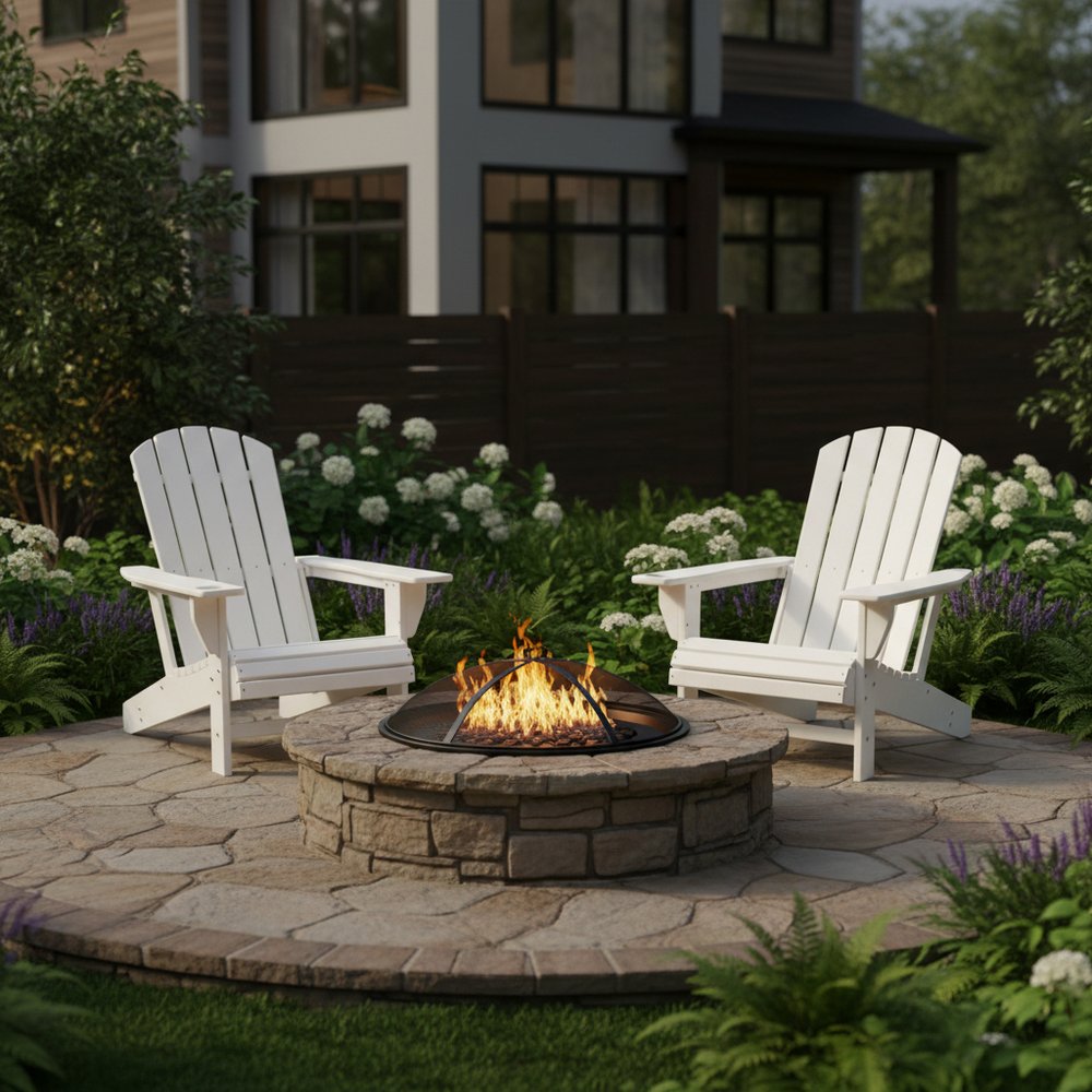 Set of Two White Heavy Duty Plastic Outdoor Adirondack Chairs