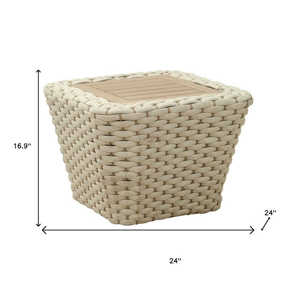 24" Natural And White Square Solid Wood And Wicker Outdoor Coffee Table