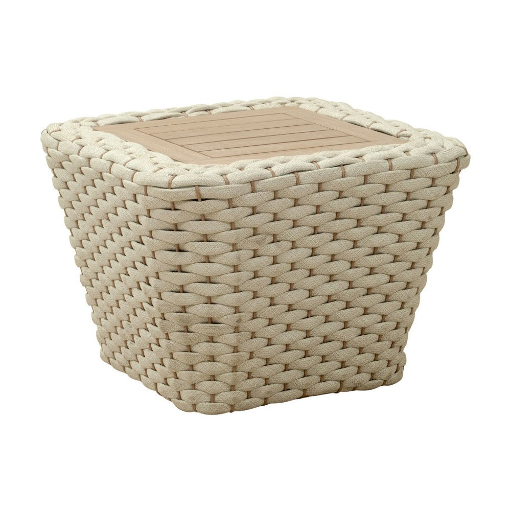 24" Natural And White Square Solid Wood And Wicker Outdoor Coffee Table
