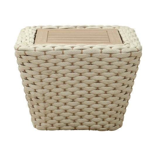 24" Natural And White Square Solid Wood And Wicker Outdoor Coffee Table