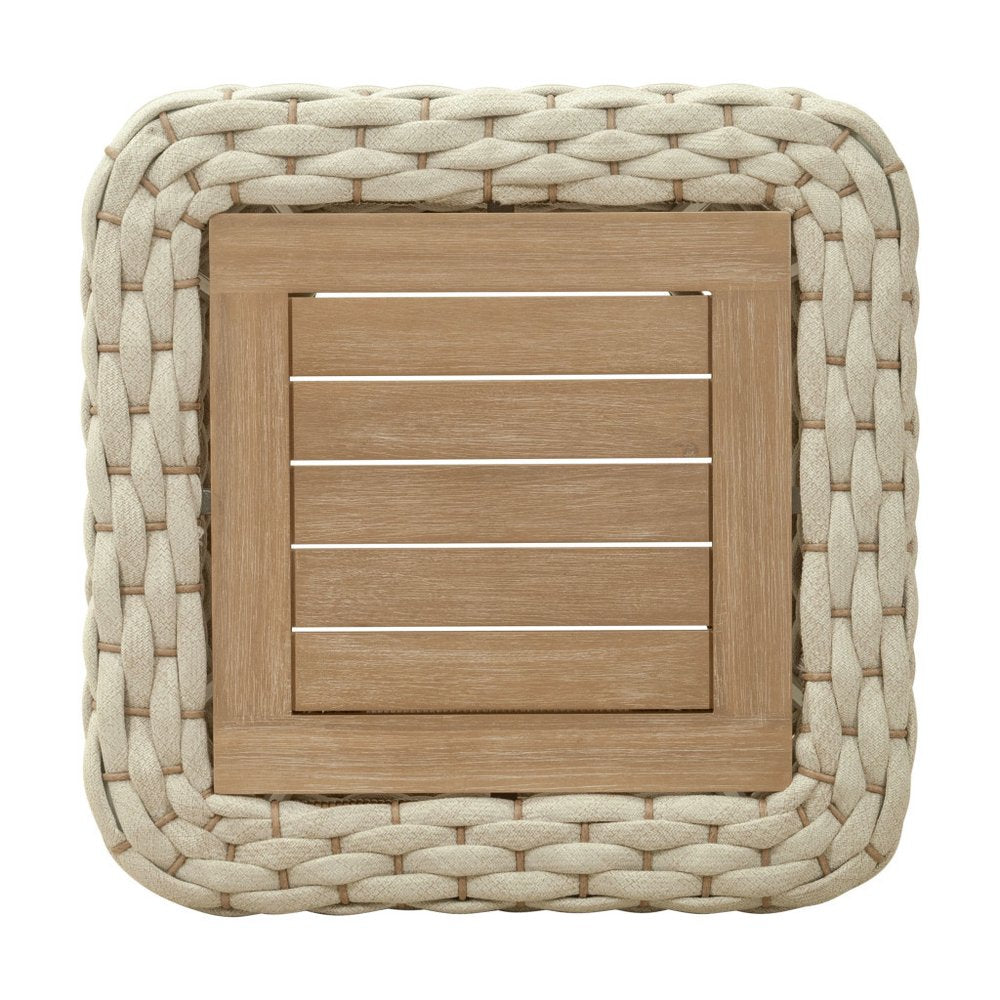 24" Natural And White Square Solid Wood And Wicker Outdoor Coffee Table