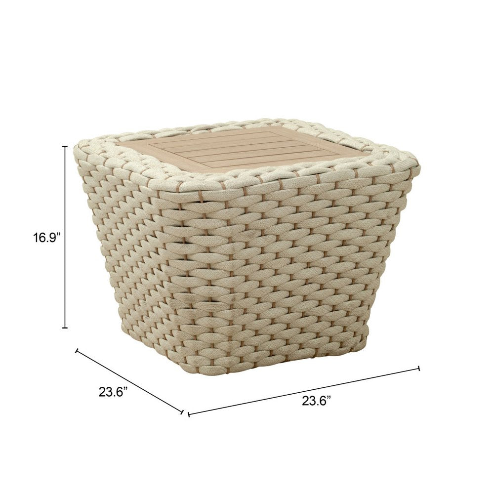 24" Natural And White Square Solid Wood And Wicker Outdoor Coffee Table