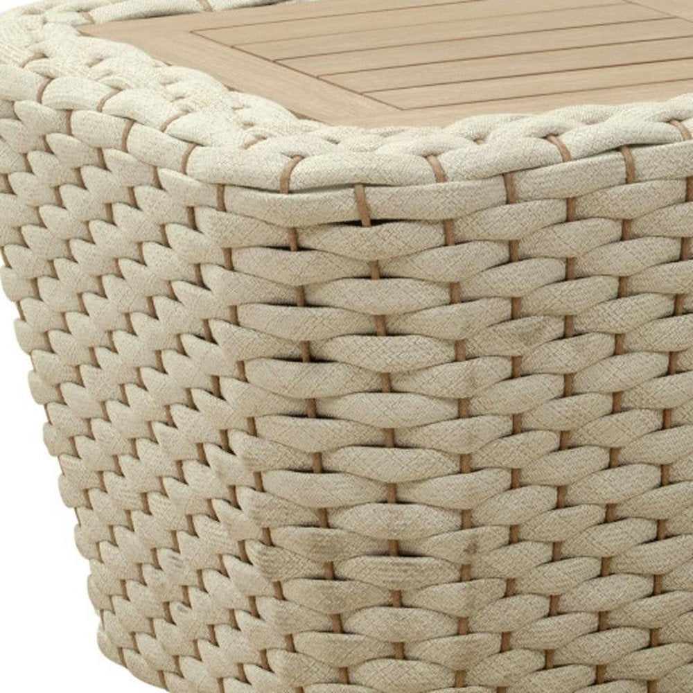 24" Natural And White Square Solid Wood And Wicker Outdoor Coffee Table