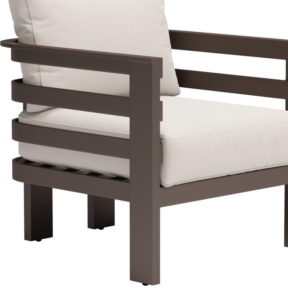 30" Brown Aluminum Outdoor Arm Chair with White Cushion