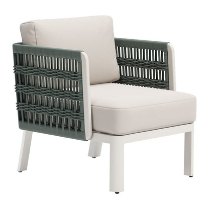 27" Green And White Aluminum Outdoor Accent Chair with White Cushion