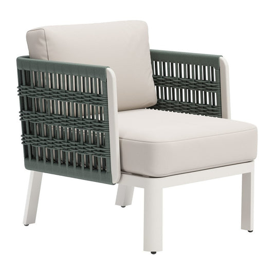 27" Green And White Aluminum Outdoor Accent Chair with White Cushion