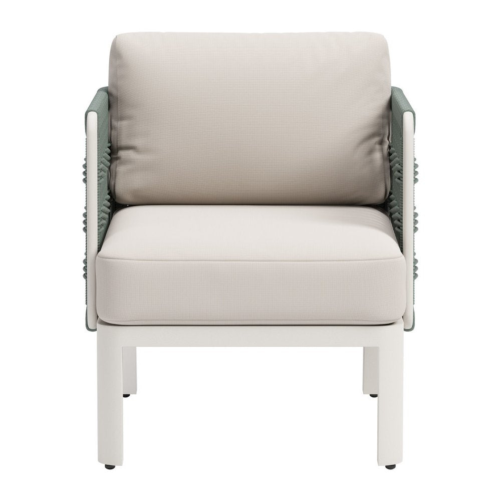 27" Green And White Aluminum Outdoor Accent Chair with White Cushion