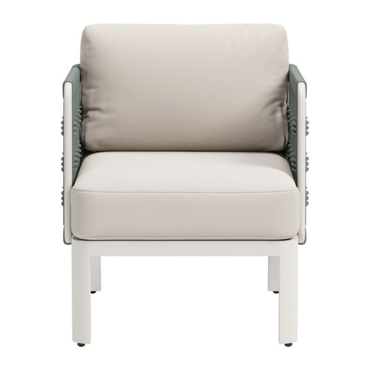 27" Green And White Aluminum Outdoor Accent Chair with White Cushion